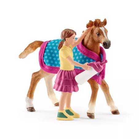 Figura de potro purasangre inglés de juguete Schleich con manta