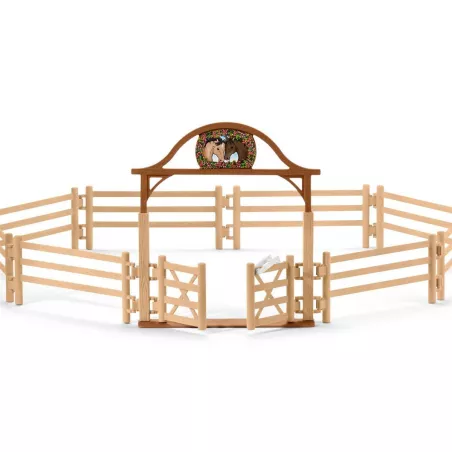 Dehesa de juguete modular para caballos Schleich con puerta de entrada practicable.