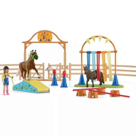 Set de entrenamiento Agility para ponis de Schleich con obstáculos de juguete y figuras detalladas.
