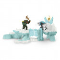 Fortaleza helada de Eldrador Schleich con figuras de Smilodon y cocodrilo luchador en combate.