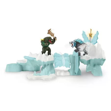 Fortaleza helada de Eldrador Schleich con figuras de Smilodon y cocodrilo luchador en combate.