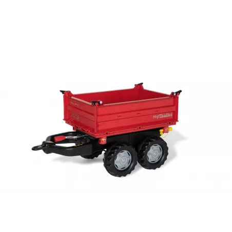 Remolque de juguete rojo de dos ejes con volquete para tractor infantil