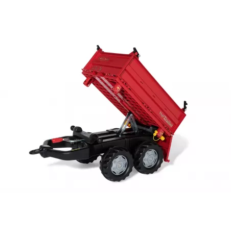 Remolque de juguete rojo de dos ejes con volquete para tractor infantil