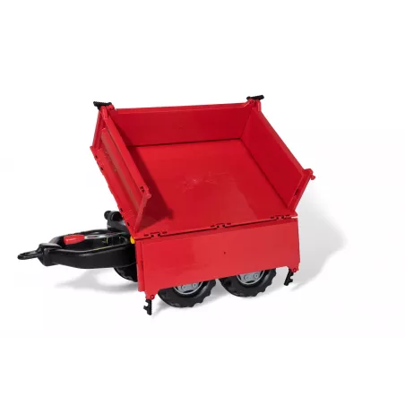 Remolque de juguete rojo de dos ejes con volquete para tractor infantil