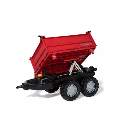 Remolque de juguete rojo de dos ejes con volquete para tractor infantil