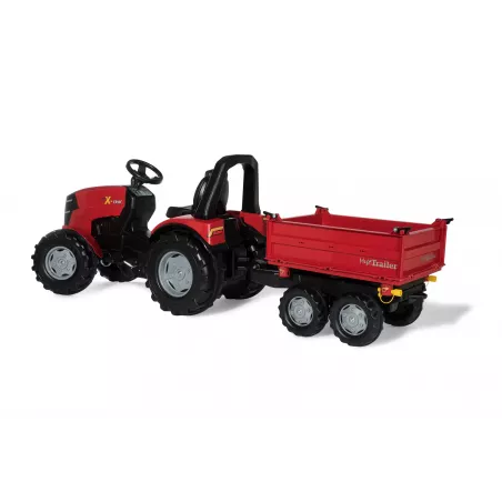 Remolque de juguete rojo de dos ejes con volquete para tractor infantil