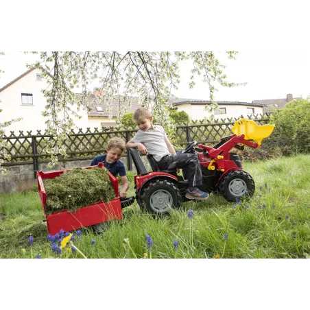 Remolque de juguete rojo de dos ejes con volquete para tractor infantil