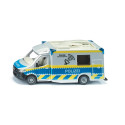 Furgoneta de juguete Mercedes Sprinter de policía a escala 1:50 en metal y plástico con puertas abatibles.
