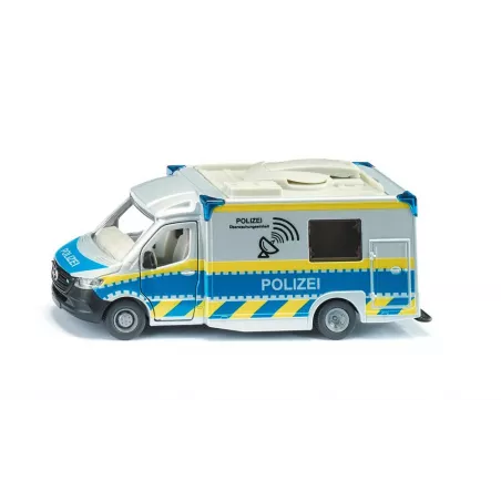 Furgoneta de juguete Mercedes Sprinter de policía a escala 1:50 en metal y plástico con puertas abatibles.