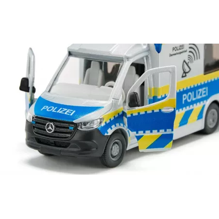 Furgoneta de juguete Mercedes Sprinter de policía a escala 1:50 en metal y plástico con puertas abatibles.