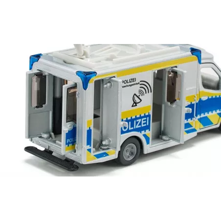 Furgoneta de juguete Mercedes Sprinter de policía a escala 1:50 en metal y plástico con puertas abatibles.