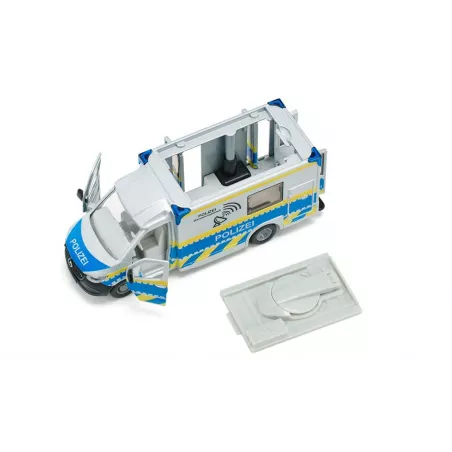 Furgoneta de juguete Mercedes Sprinter de policía a escala 1:50 en metal y plástico con puertas abatibles.