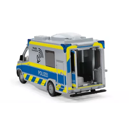 Furgoneta de juguete Mercedes Sprinter de policía a escala 1:50 en metal y plástico con puertas abatibles.