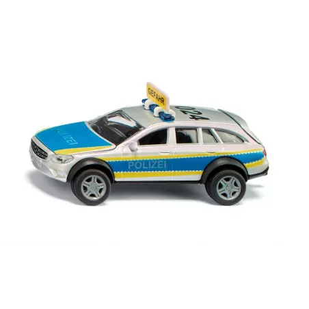 Coche de policía de juguete Mercedes-Benz Clase E Todo Terreno 4x4 a escala 1:50 con puertas abatibles.