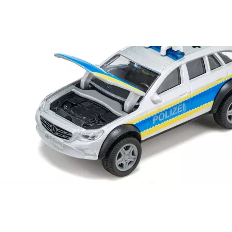 Coche de policía de juguete Mercedes-Benz Clase E Todo Terreno 4x4 a escala 1:50 con puertas abatibles.