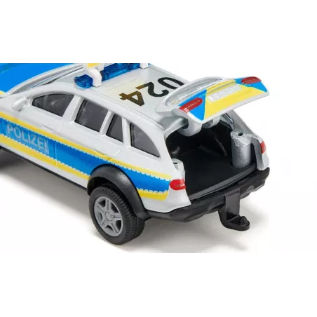 Coche de policía de juguete Mercedes-Benz Clase E Todo Terreno 4x4 a escala 1:50 con puertas abatibles.