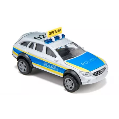Coche de policía de juguete Mercedes-Benz Clase E Todo Terreno 4x4 a escala 1:50 con puertas abatibles.