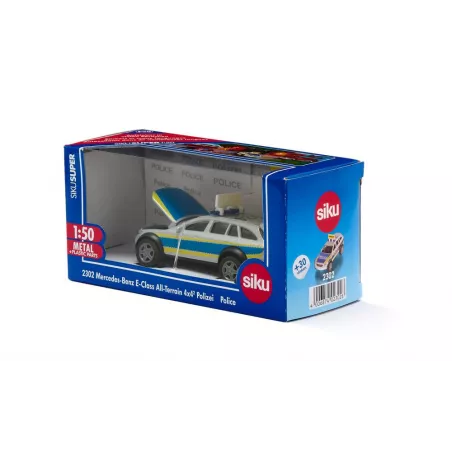 Coche de policía de juguete Mercedes-Benz Clase E Todo Terreno 4x4 a escala 1:50 con puertas abatibles.