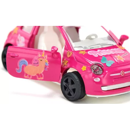 Coche de juguete Fiat 500 Princesa rosa en miniatura de metal con puertas que se abren.