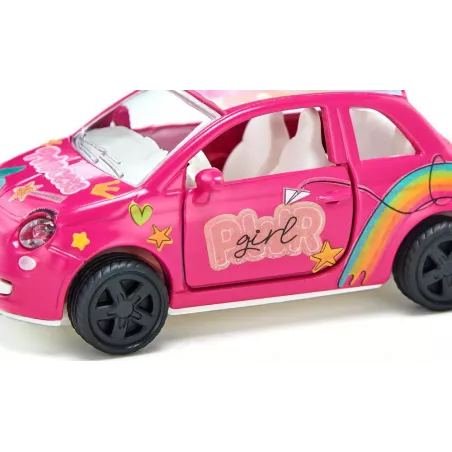 Coche de juguete Fiat 500 Princesa rosa en miniatura de metal con puertas que se abren.