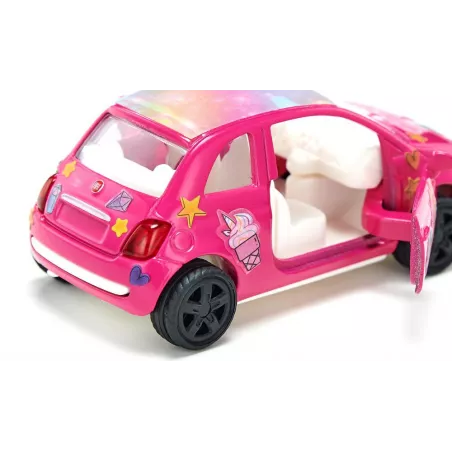 Coche de juguete Fiat 500 Princesa rosa en miniatura de metal con puertas que se abren.