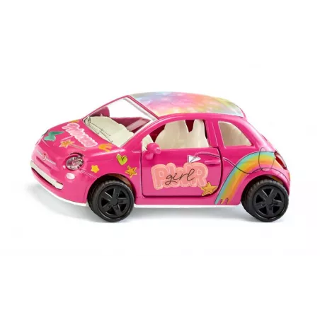 Coche de juguete Fiat 500 Princesa rosa en miniatura de metal con puertas que se abren.