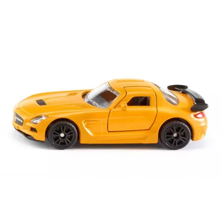 Coche de juguete Mercedes-Benz SLS AMG Black Series en miniatura de metal con puertas abatibles.