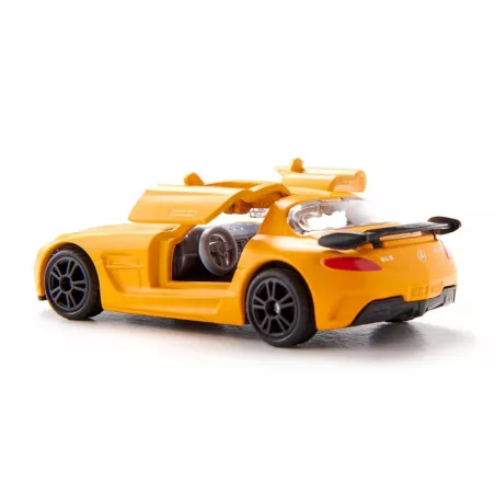 Coche de juguete Mercedes-Benz SLS AMG Black Series en miniatura de metal con puertas abatibles.