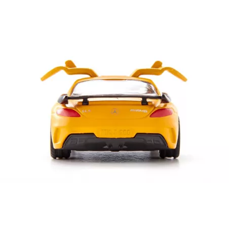 Coche de juguete Mercedes-Benz SLS AMG Black Series en miniatura de metal con puertas abatibles.