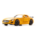 Coche de juguete Mercedes-Benz SLS AMG Black Series en miniatura de metal con puertas abatibles.