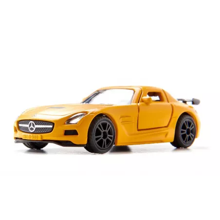 Coche de juguete Mercedes-Benz SLS AMG Black Series en miniatura de metal con puertas abatibles.