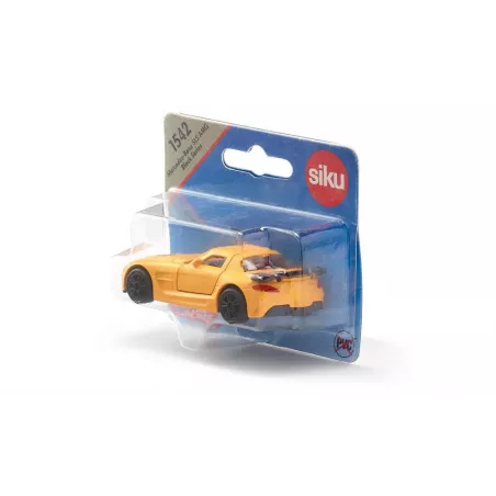 Coche de juguete Mercedes-Benz SLS AMG Black Series en miniatura de metal con puertas abatibles.