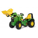 Tractor de pedales John Deere 8400R de Rolly Toys con pala cargadora frontal y freno para niños.
