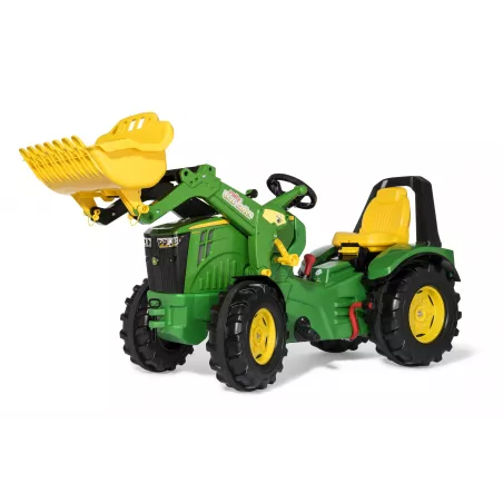 Tractor de pedales John Deere 8400R de Rolly Toys con pala cargadora frontal y freno para niños.