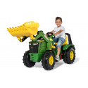 Tractor de pedales John Deere 8400R de Rolly Toys con pala cargadora frontal y freno para niños.