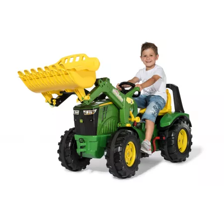 Tractor de pedales John Deere 8400R de Rolly Toys con pala cargadora frontal y freno para niños.