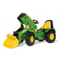 Tractor de pedales John Deere 8400R de Rolly Toys con pala cargadora frontal y freno para niños.