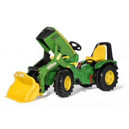 Tractor de pedales John Deere 8400R de Rolly Toys con pala cargadora frontal y freno para niños.