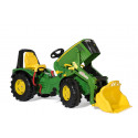 Tractor de pedales John Deere 8400R de Rolly Toys con pala cargadora frontal y freno para niños.
