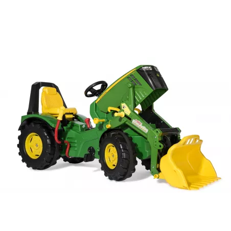 Tractor de pedales John Deere 8400R de Rolly Toys con pala cargadora frontal y freno para niños.