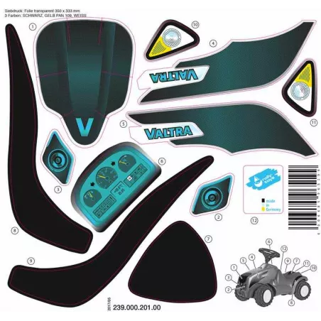 Adhesivo oficial Minitrac Valtra para personalizar tractores de juguete Rolly Toys con acabado realista.
