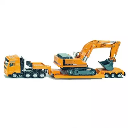 Excavadora de juguete Liebherr a escala 1:87 con chasis de orugas, pala y brazo móvil de metal y plástico.