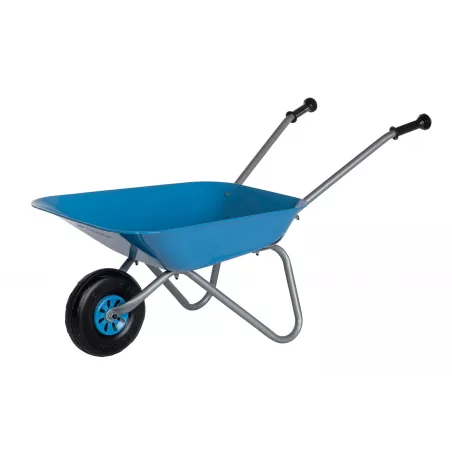 Carretilla metálica azul de juguete Rolly Toys para niños con mangos ergonómicos y tazón resistente.