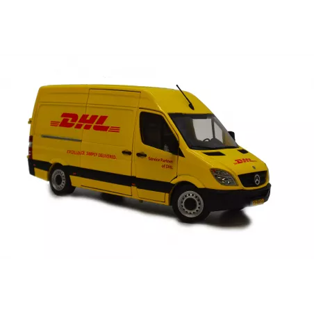 Miniatura de metal a escala 1:32 de la furgoneta Mercedes-Benz Sprinter de DHL para coleccionistas.
