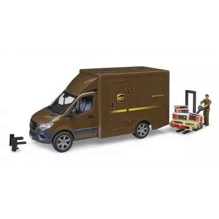 Furgoneta de juguete Mercedes Benz Sprinter de UPS a escala 1:16 con figura de repartidor y accesorios Bruder.