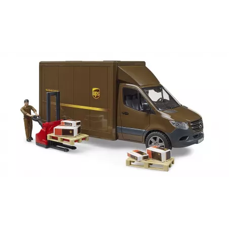 Furgoneta de juguete Mercedes Benz Sprinter de UPS a escala 1:16 con figura de repartidor y accesorios Bruder.