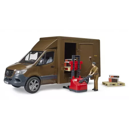 Furgoneta de juguete Mercedes Benz Sprinter de UPS a escala 1:16 con figura de repartidor y accesorios Bruder.