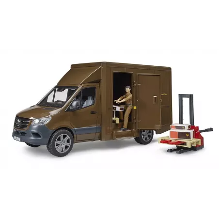 Furgoneta de juguete Mercedes Benz Sprinter de UPS a escala 1:16 con figura de repartidor y accesorios Bruder.