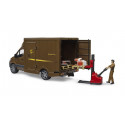 Furgoneta de juguete Mercedes Benz Sprinter de UPS a escala 1:16 con figura de repartidor y accesorios Bruder.