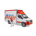 Ambulancia de juguete MB Sprinter de Bruder a escala 1:16 con conductor y camilla funcional.